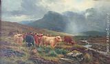 Louis Bosworth Hurt Canvas Paintings - Highland Cattle Showers that Veil the Distant Hills